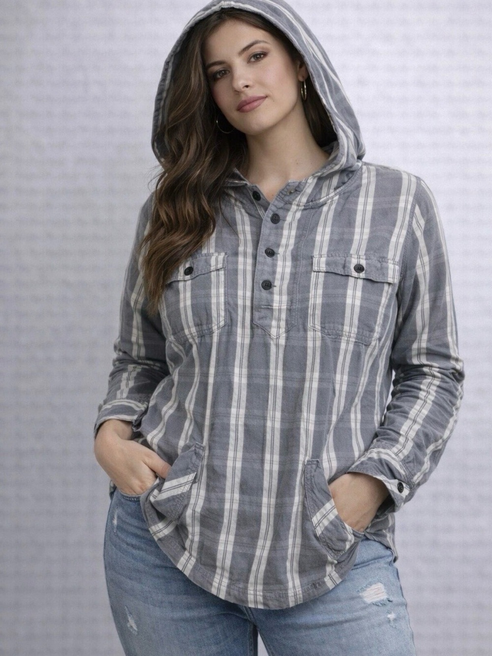 AllSaints Spitalfields Plaid Check Oakland Hooded Shirt Jacket Gray Sz 8 Shacket